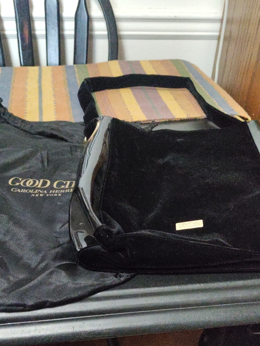 Carolina Herrera Black Velvet and Patent Trim Messenger Bag With Dust Cover